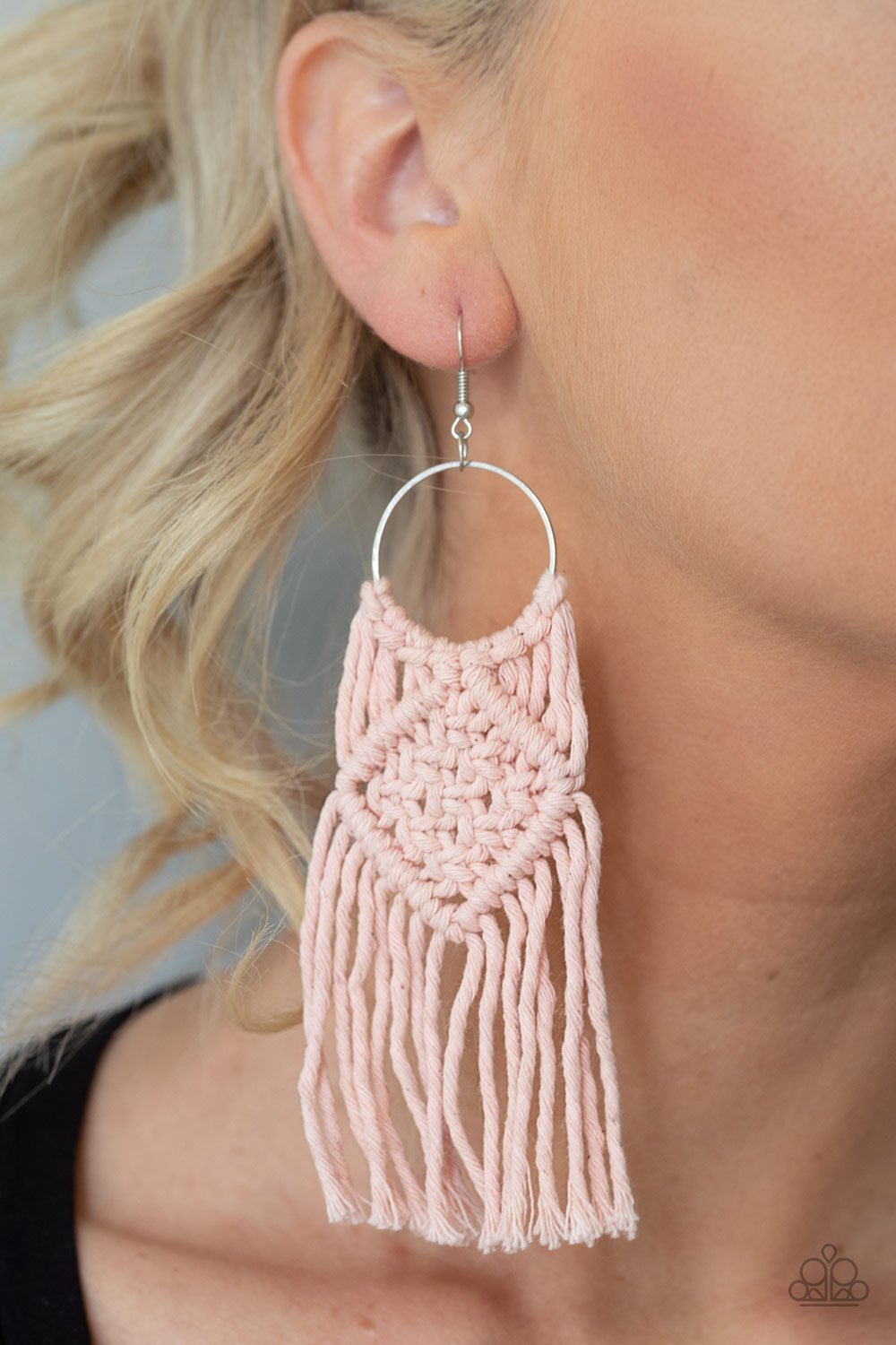 Macrame rainbow- pink fringe earring