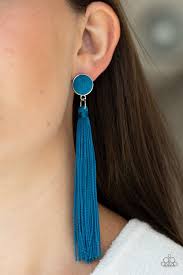 Tightrope tassel- blue post fringe earring