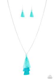 Triple the tassel- blue fringe necklace